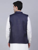 Thumbnail for Jompers Men's Navy Blue Solid Woven Sleeveless Nehru Jackets - Distacart