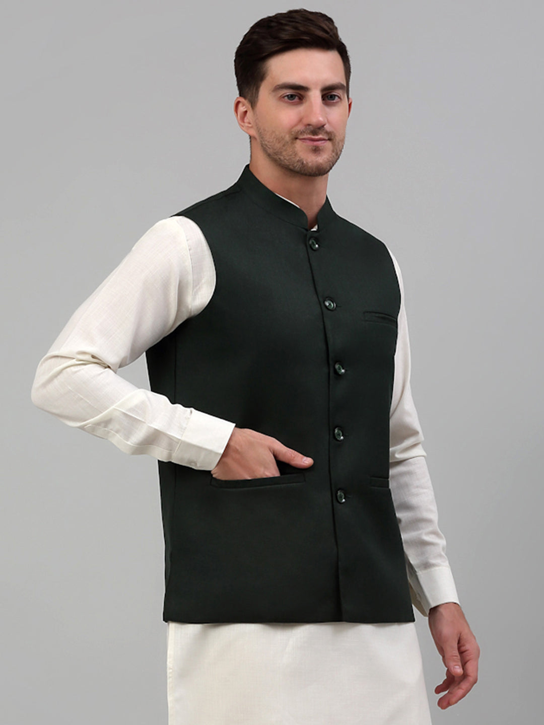 Jompers Men's Olive Green Solid Nehru Jacket - Distacart