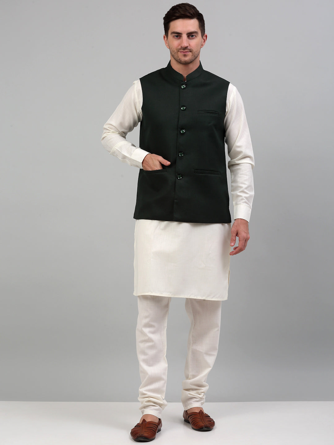 Jompers Men's Olive Green Solid Nehru Jacket - Distacart