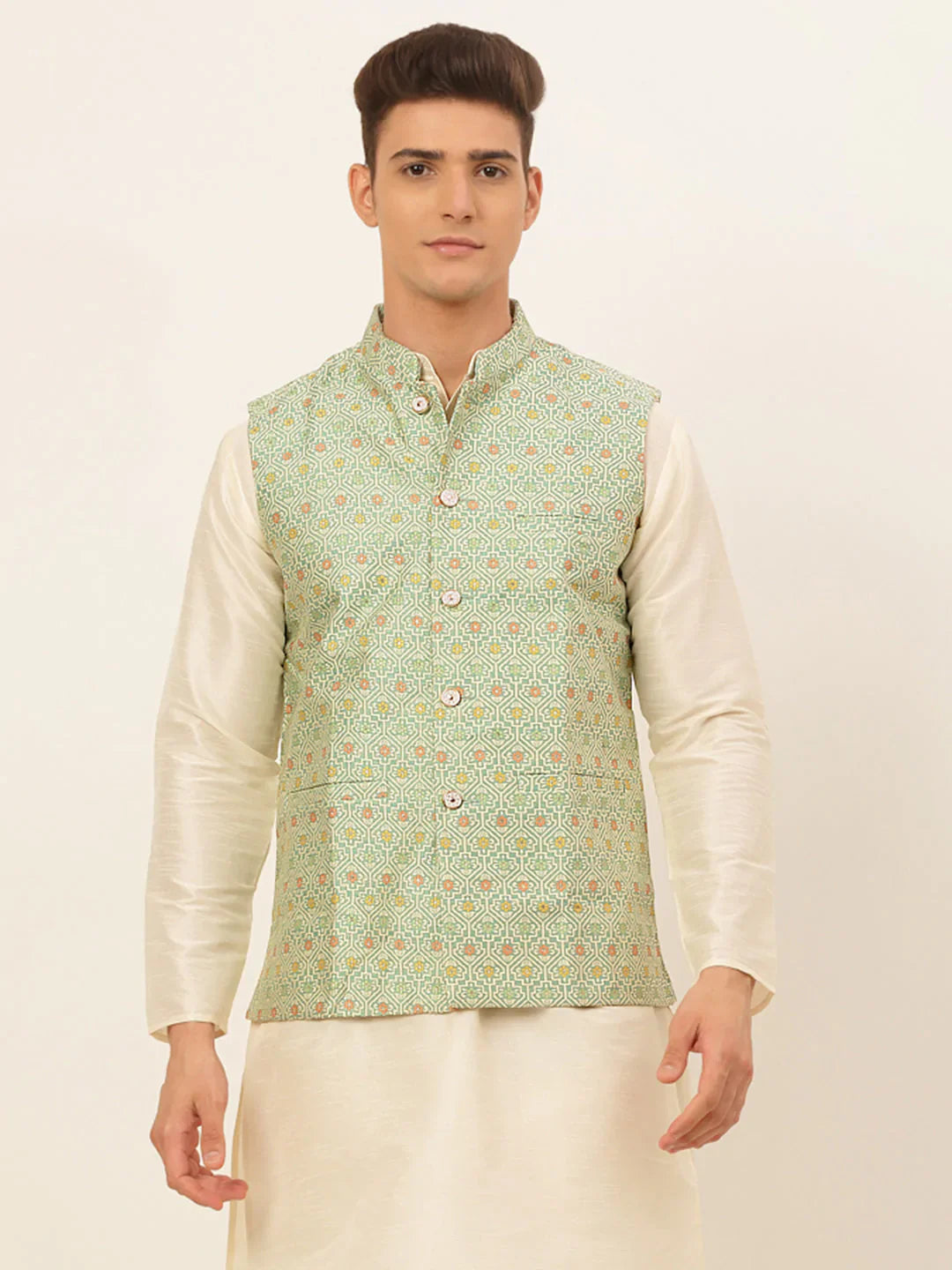 Jompers Men's Green Embroidered Nehru Jacket - Distacart