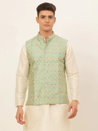 Jompers Men's Green Embroidered Nehru Jacket - Distacart