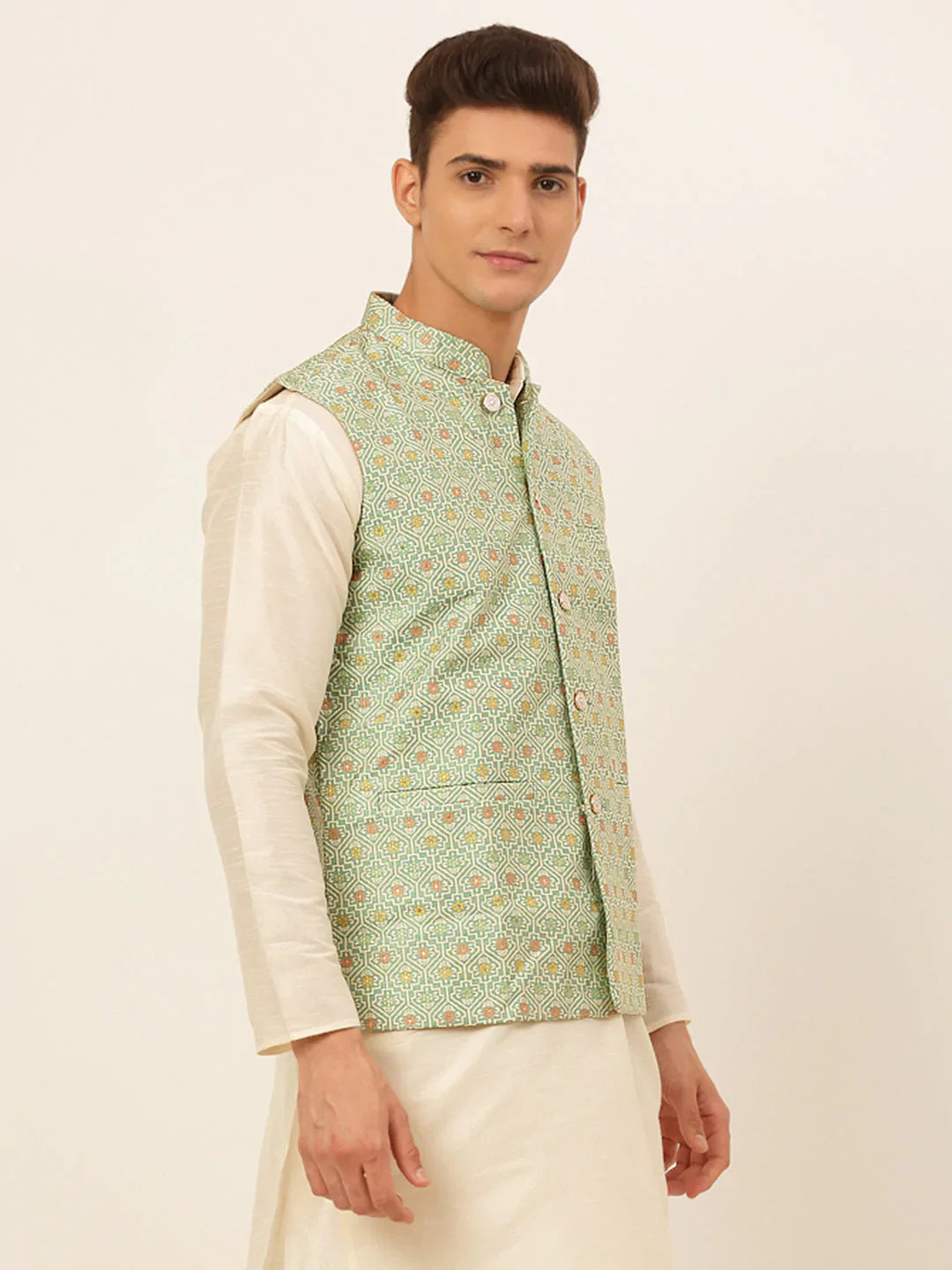 Jompers Men's Green Embroidered Nehru Jacket - Distacart
