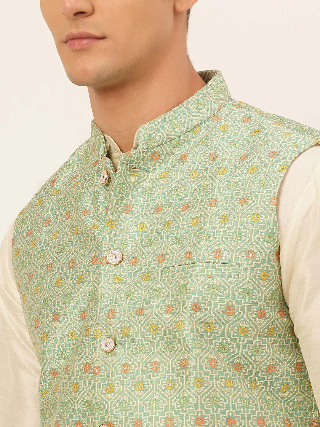 Jompers Men's Green Embroidered Nehru Jacket - Distacart