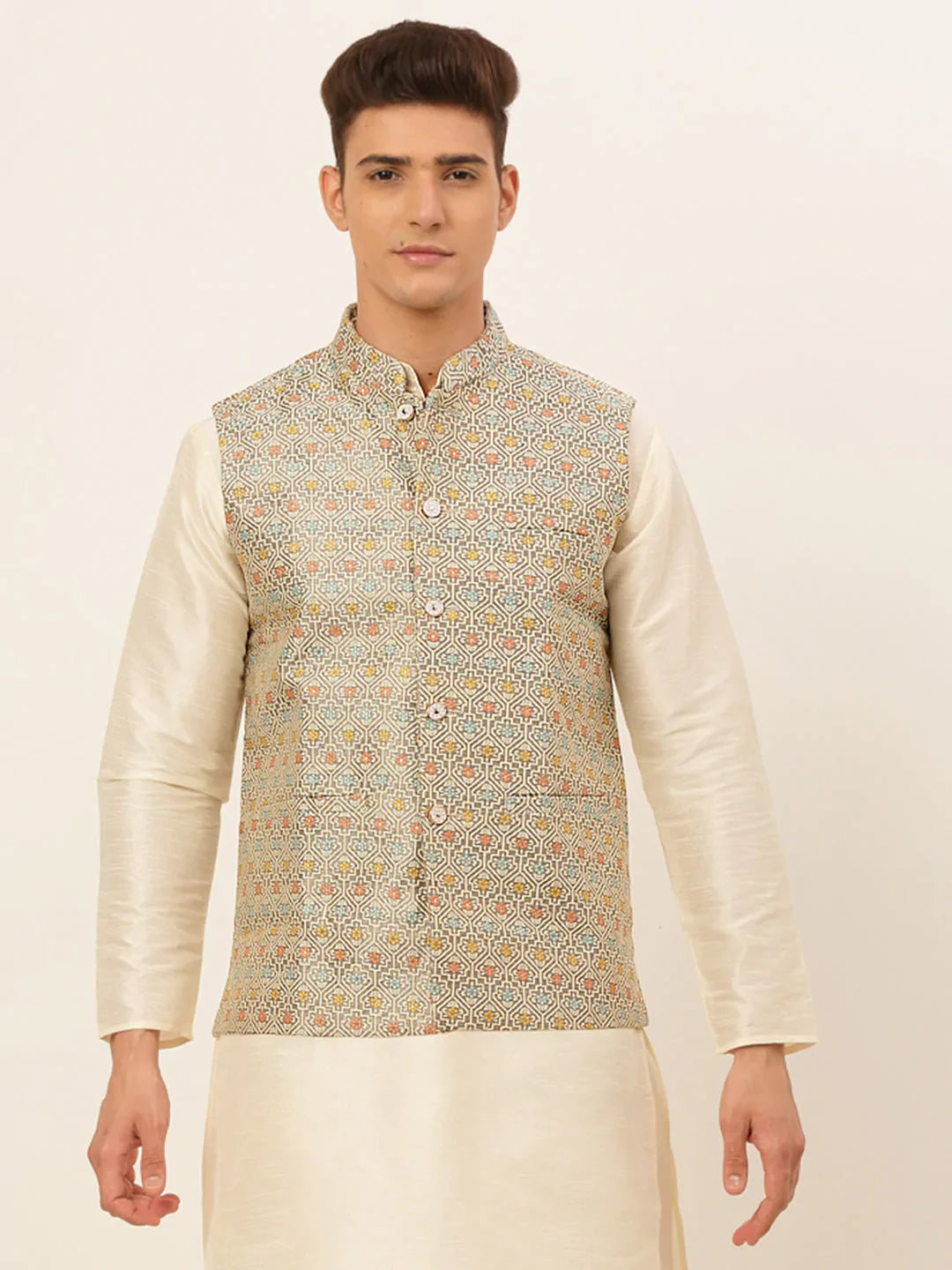 Jompers Men's Grey Embroidered Nehru Jacket - Distacart