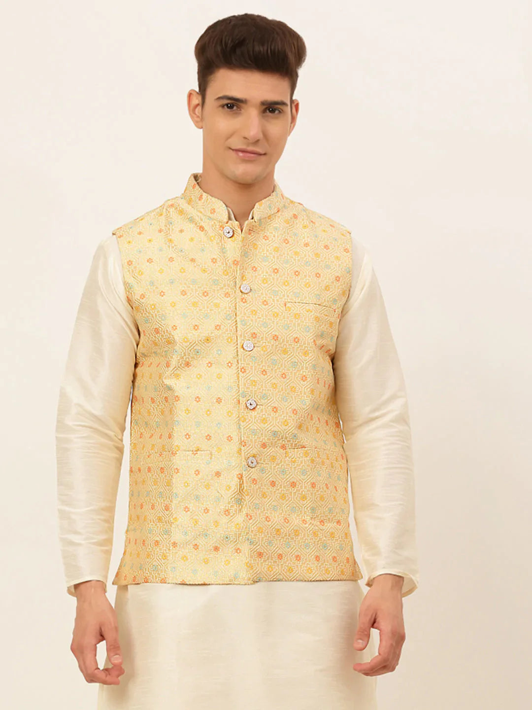 Jompers Men's Yellow Embroidered Nehru Jacket - Distacart