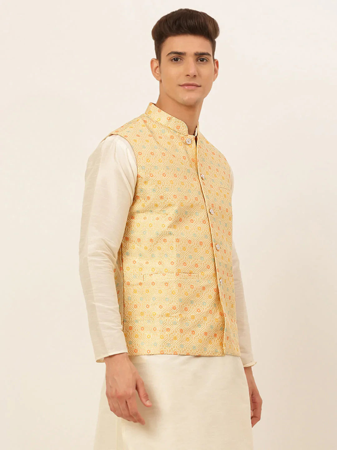 Jompers Men's Yellow Embroidered Nehru Jacket - Distacart