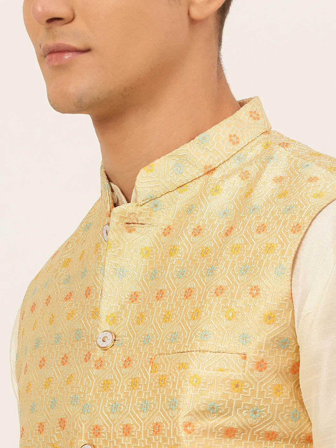 Jompers Men's Yellow Embroidered Nehru Jacket - Distacart