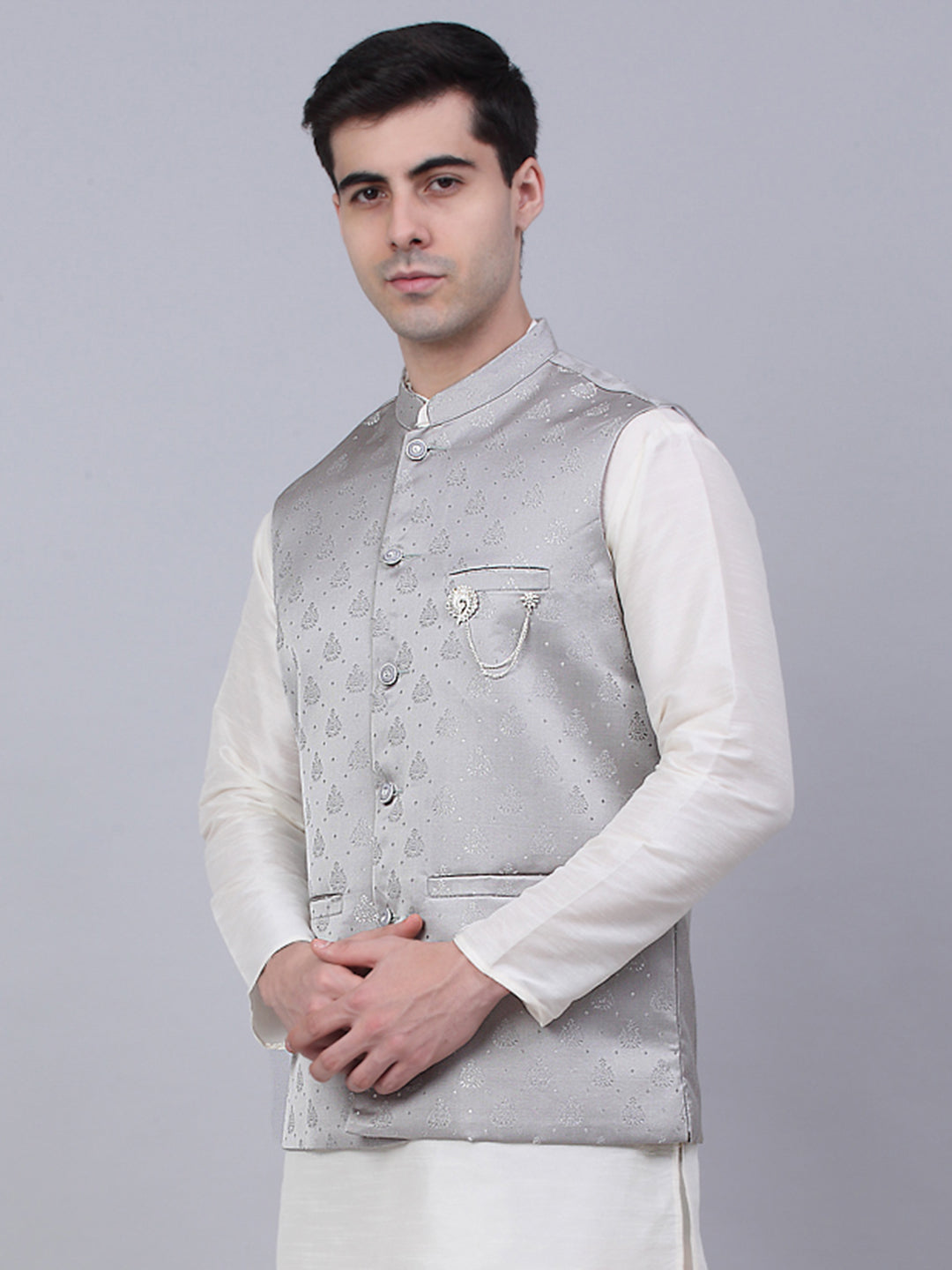 Jompers Men's Grey Woven Design Waistcoats - Distacart