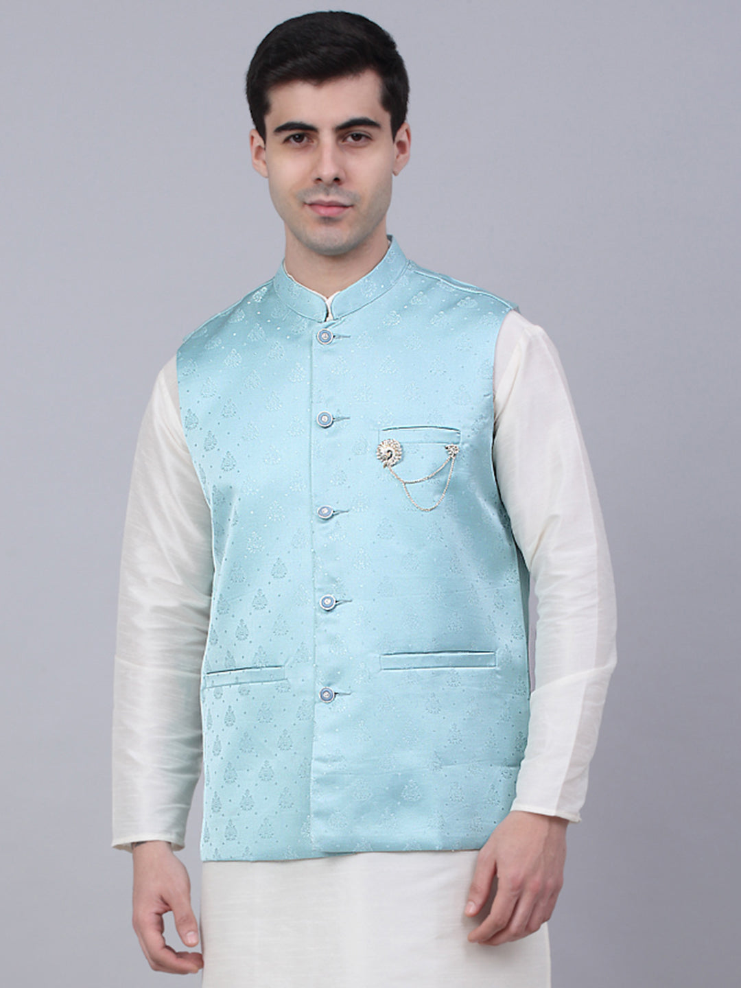 Jompers Men's Sky Blue Woven Design Waistcoats - Distacart