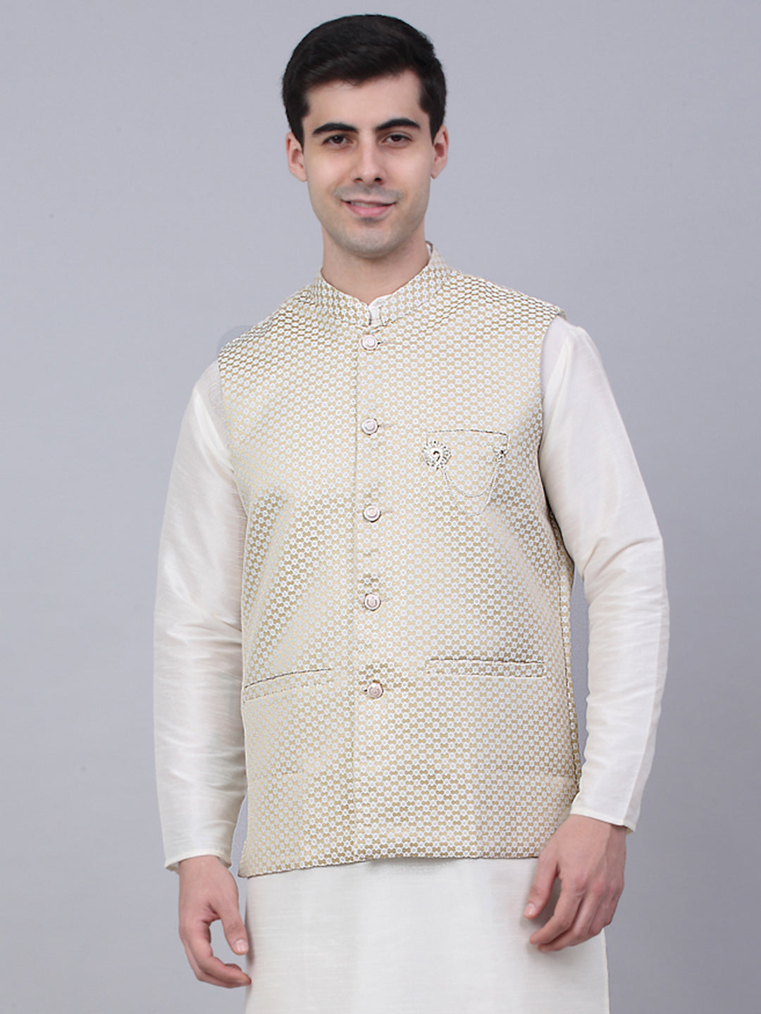 Jompers Men's Beige Woven Design Waistcoats - Distacart