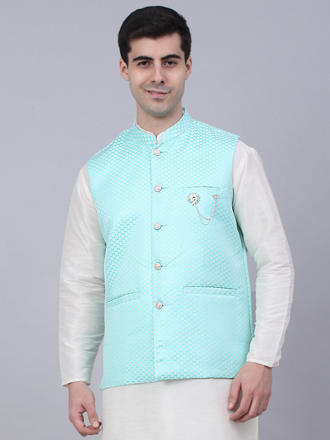 Jompers Men's Sky Blue Woven Design Waistcoats - Distacart