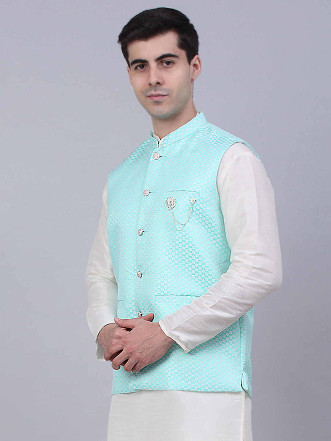 Jompers Men's Sky Blue Woven Design Waistcoats - Distacart