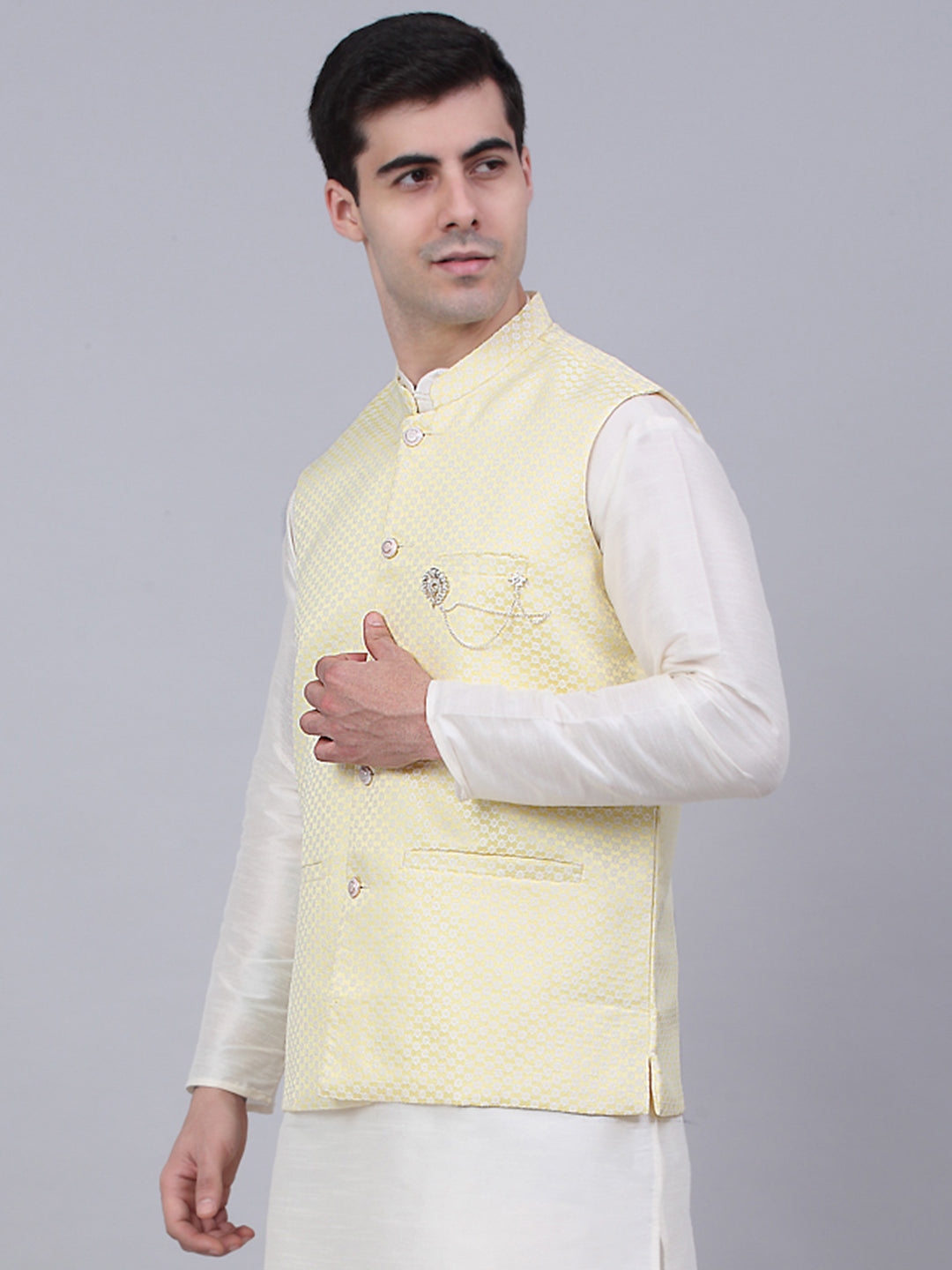 Jompers Men's Yellow Woven Design Waistcoats - Distacart