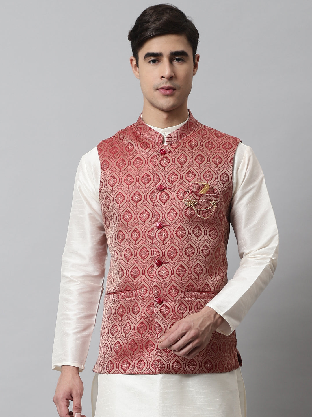 Jompers Men's Maroon Woven Design Waistcoats - Distacart