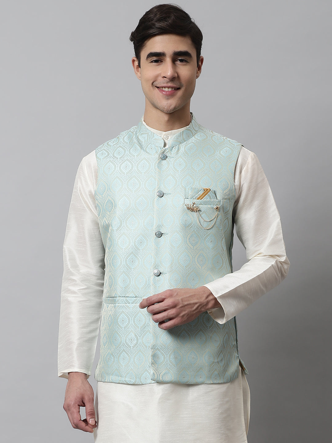 Jompers Men's Sky Blue Woven Design Waistcoats - Distacart