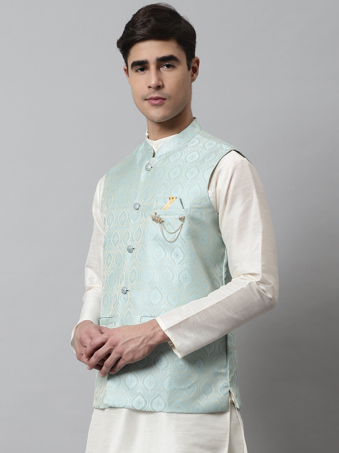 Jompers Men's Sky Blue Woven Design Waistcoats - Distacart
