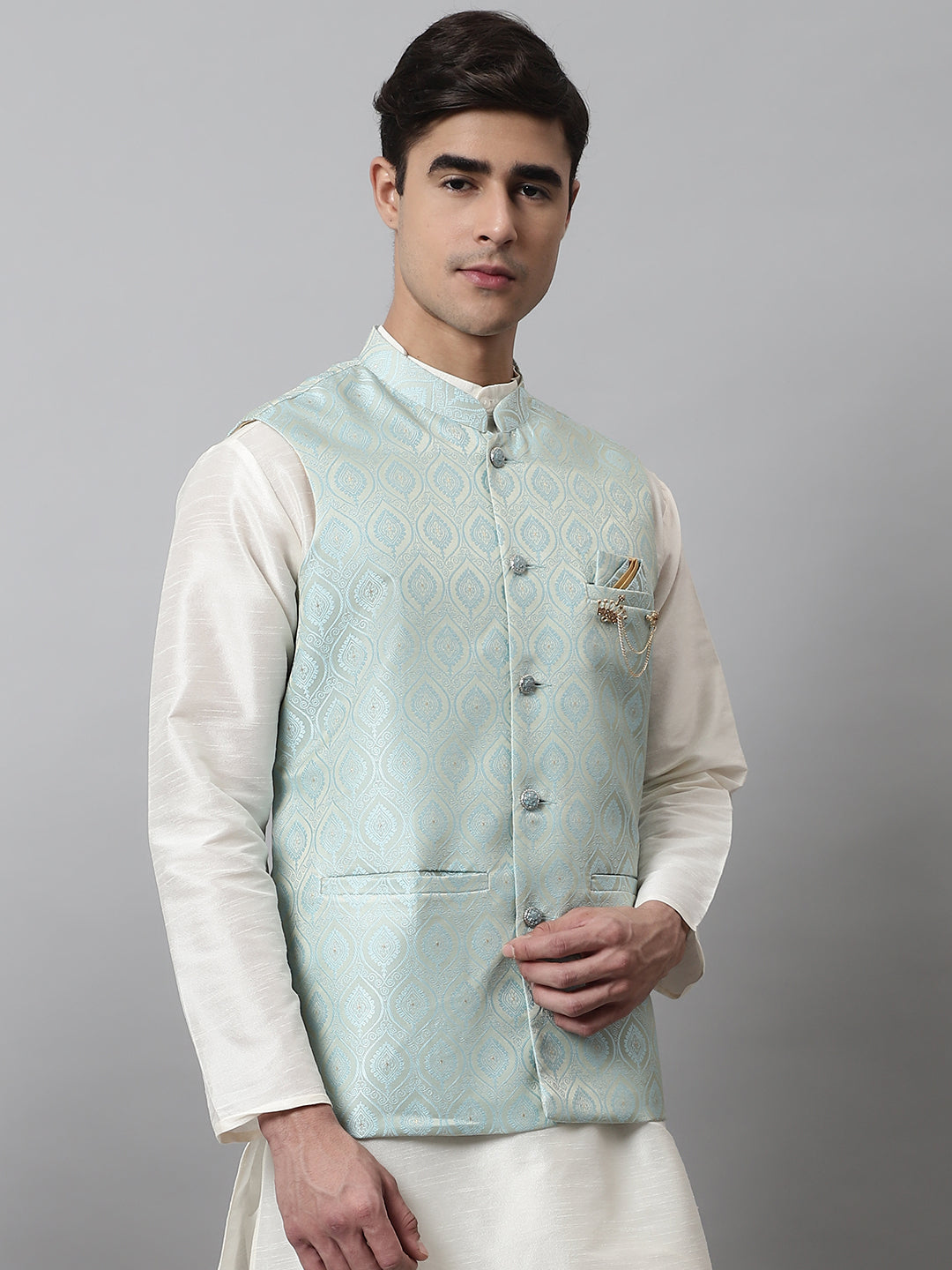 Jompers Men's Sky Blue Woven Design Waistcoats - Distacart