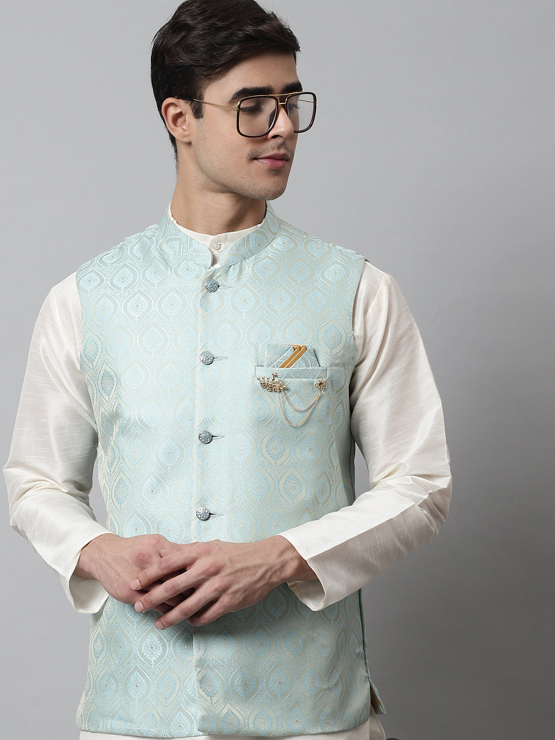 Jompers Men's Sky Blue Woven Design Waistcoats - Distacart
