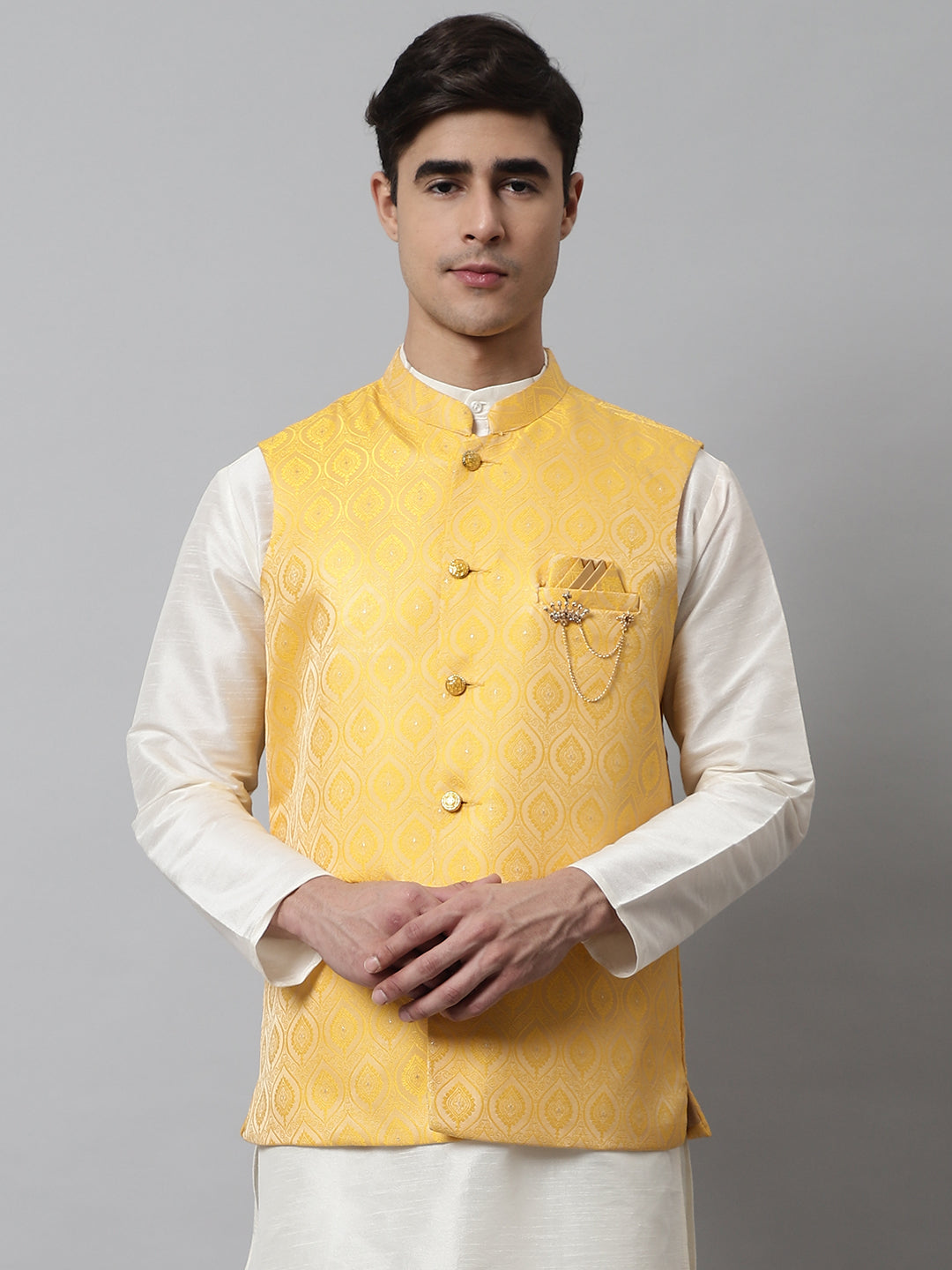 Jompers Men's Yellow Woven Design Waistcoats - Distacart