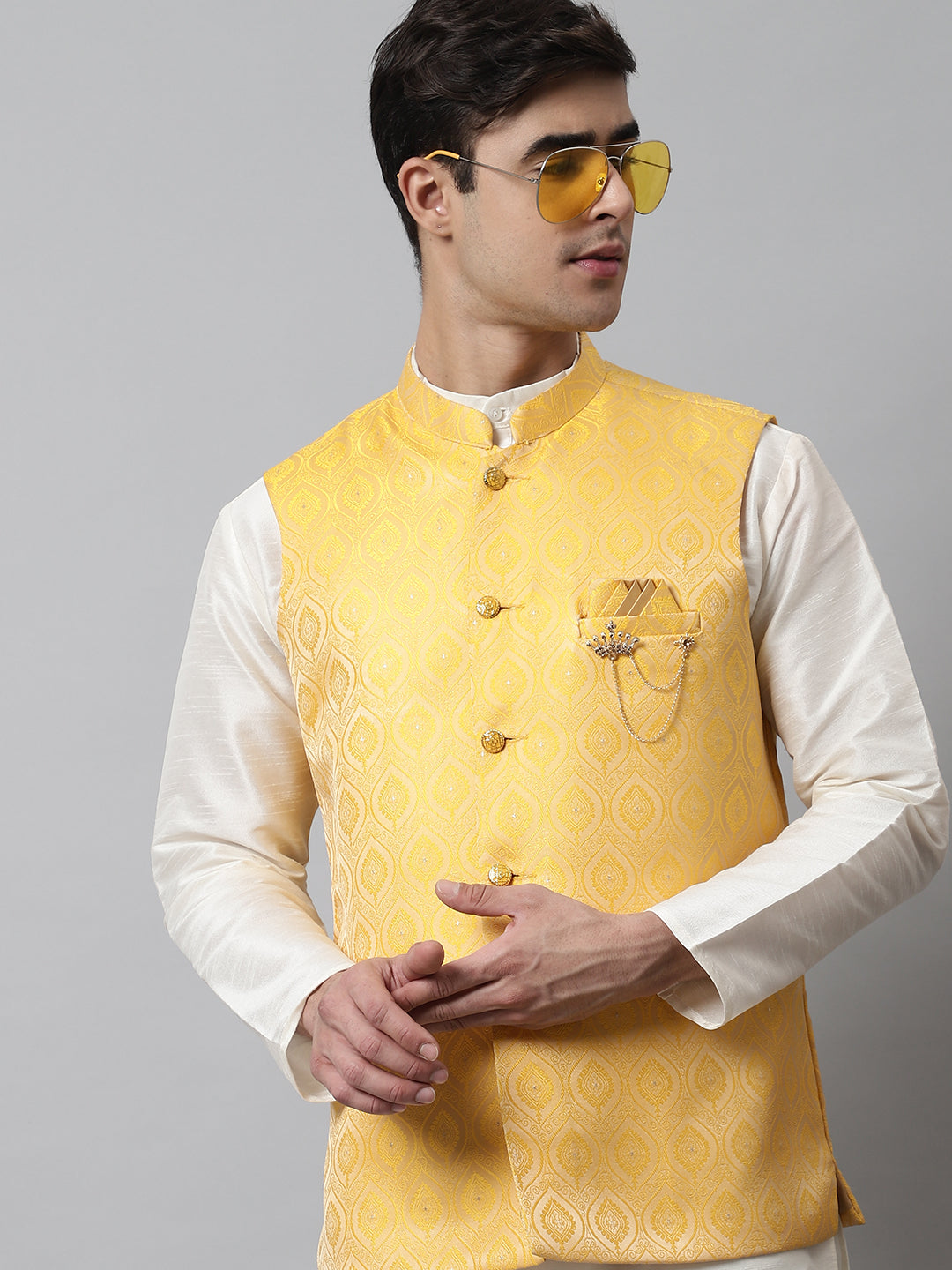 Jompers Men's Yellow Woven Design Waistcoats - Distacart
