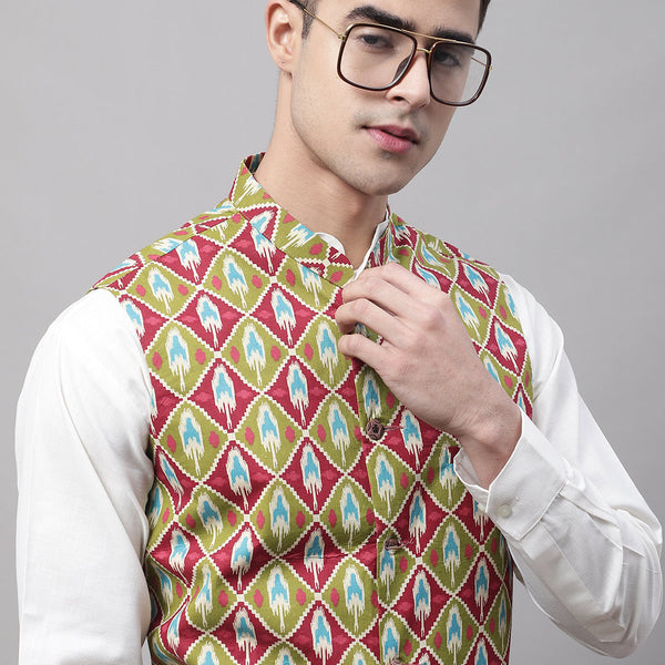 Jompers Men's Olive and Maroon Printed Waistcoats - Distacart