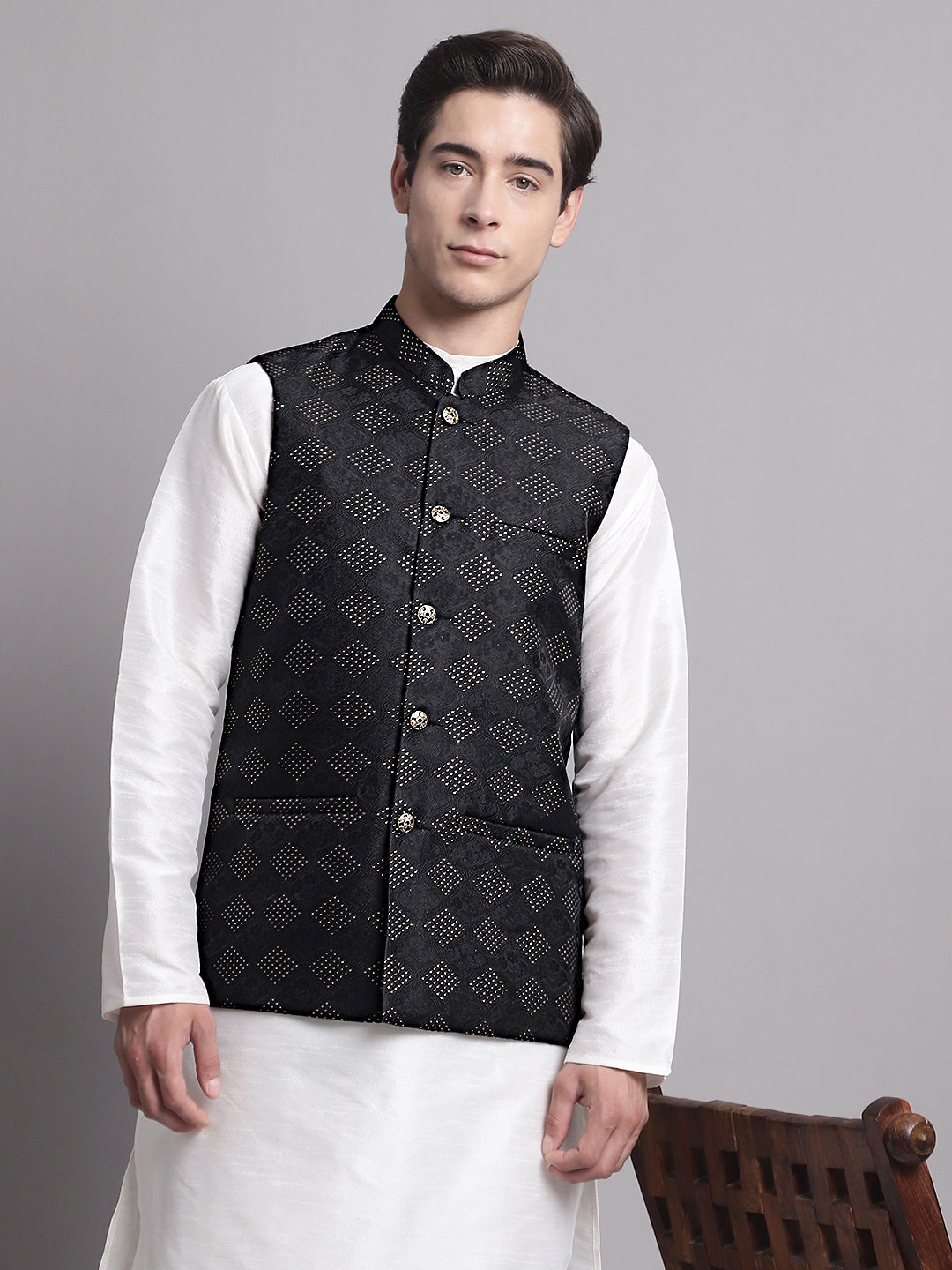 Jompers Men's Black Woven Design Nehru Jacket - Distacart