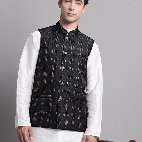 Jompers Men's Black Woven Design Nehru Jacket - Distacart