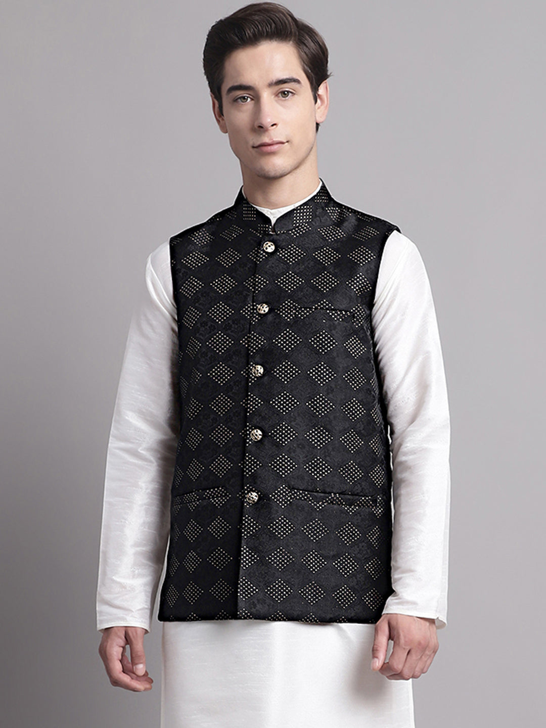 Jompers Men's Black Woven Design Nehru Jacket - Distacart