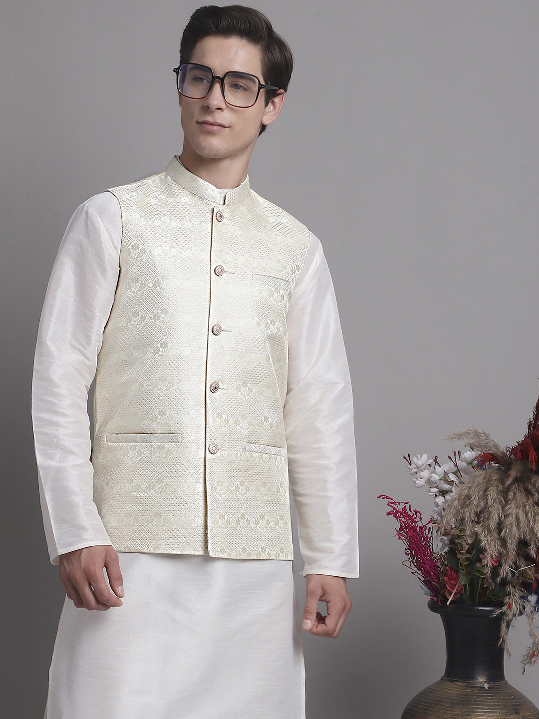 Jompers Men's Cream Woven Design Nehru Jacket - Distacart