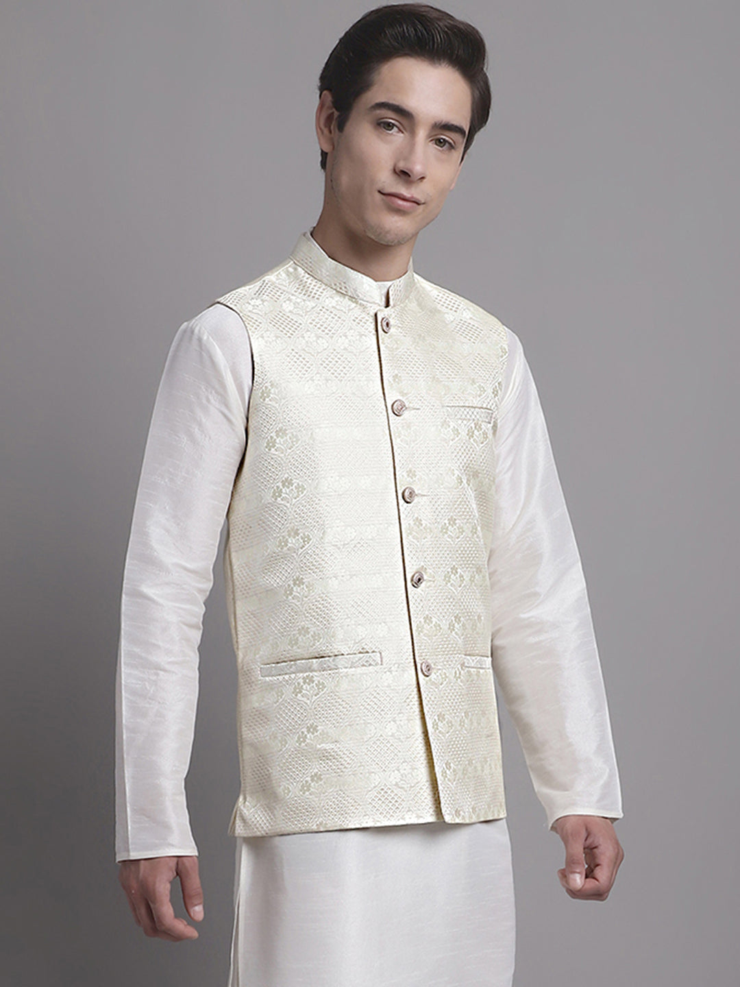 Jompers Men's Cream Woven Design Nehru Jacket - Distacart