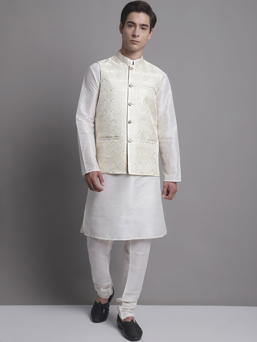 Jompers Men's Cream Woven Design Nehru Jacket - Distacart