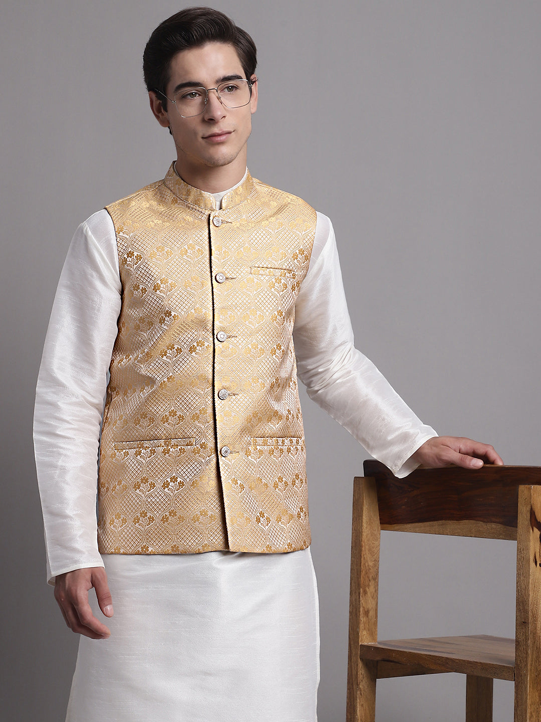 Jompers Men's Golden Woven Design Nehru Jacket - Distacart