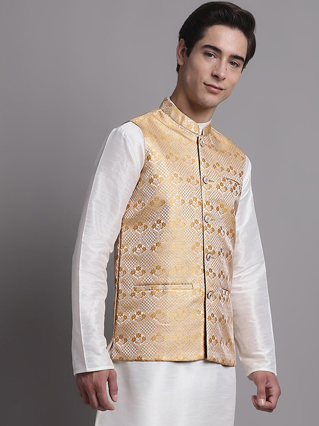 Jompers Men's Golden Woven Design Nehru Jacket - Distacart