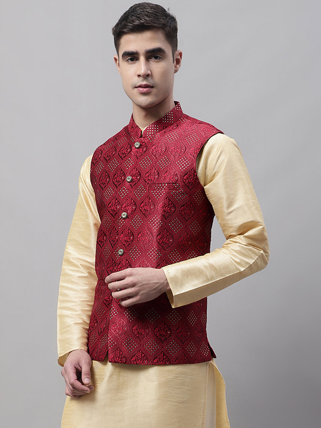 Jompers Men's Maroon Woven Design Waistcoats - Distacart