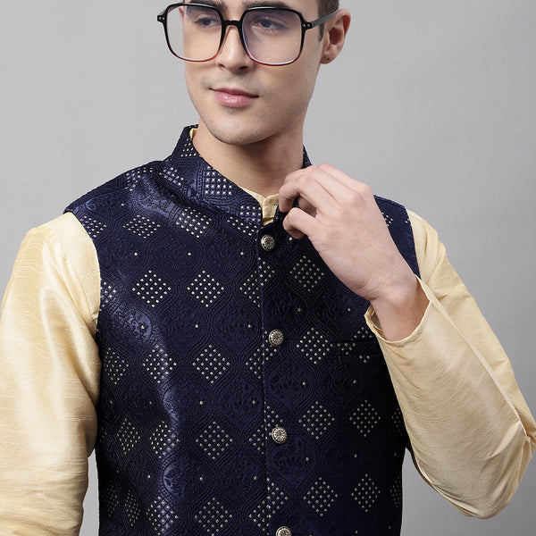 Jompers Men's Navy Blue Woven Design Waistcoats - Distacart