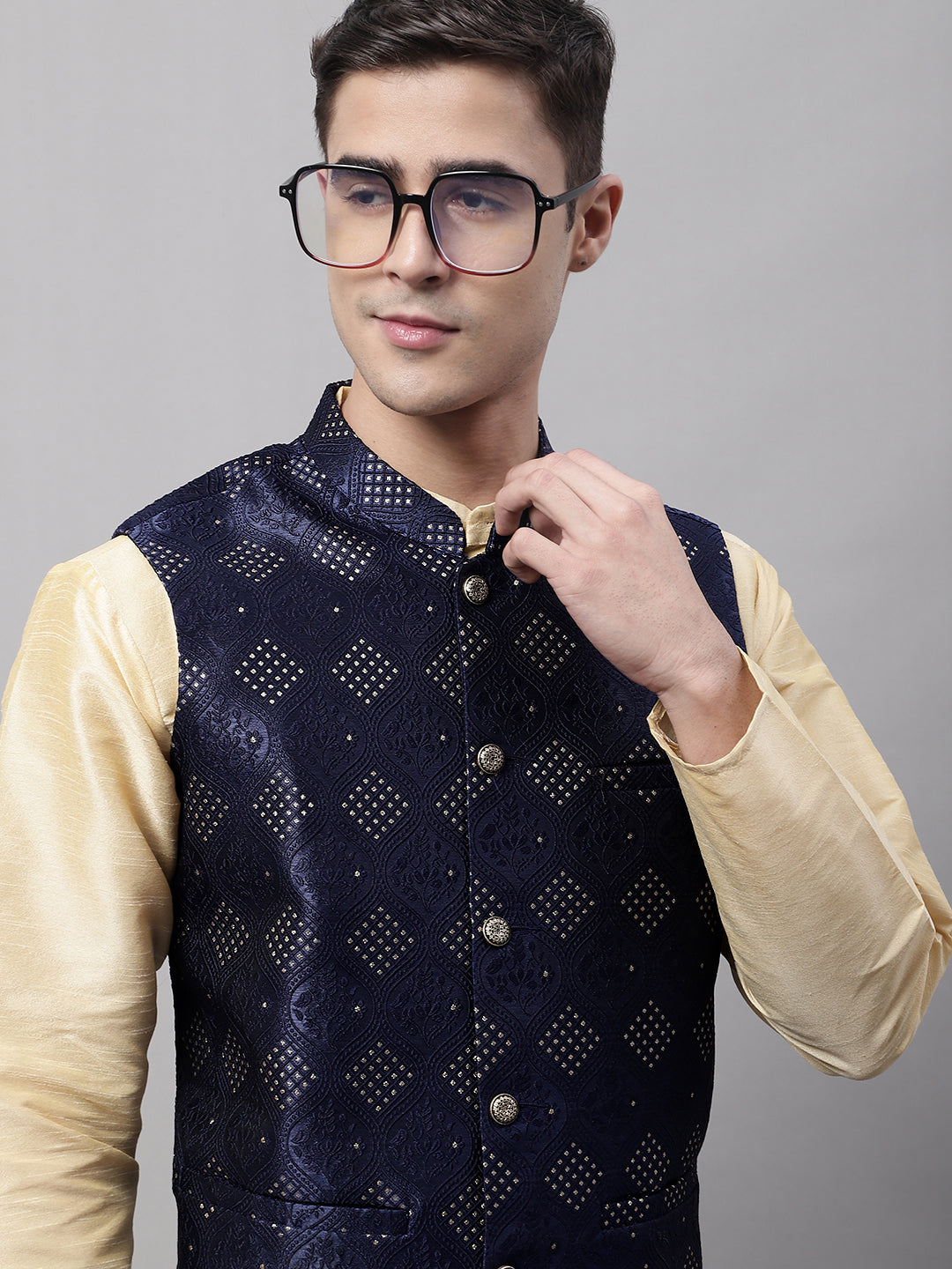 Jompers Men's Navy Blue Woven Design Waistcoats - Distacart