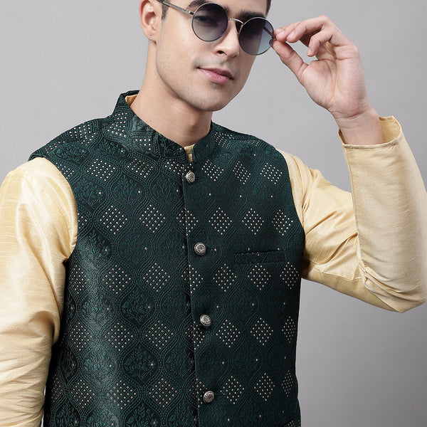 Jompers Men's Olive Green Woven Design Waistcoats - Distacart