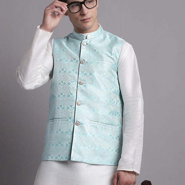 Jompers Men's Turquoise Blue Woven Design Nehru Jacket - Distacart