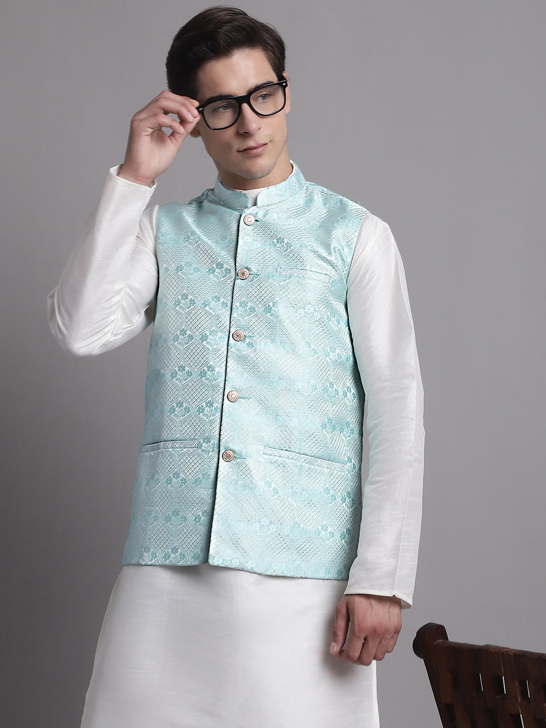 Jompers Men's Turquoise Blue Woven Design Nehru Jacket - Distacart
