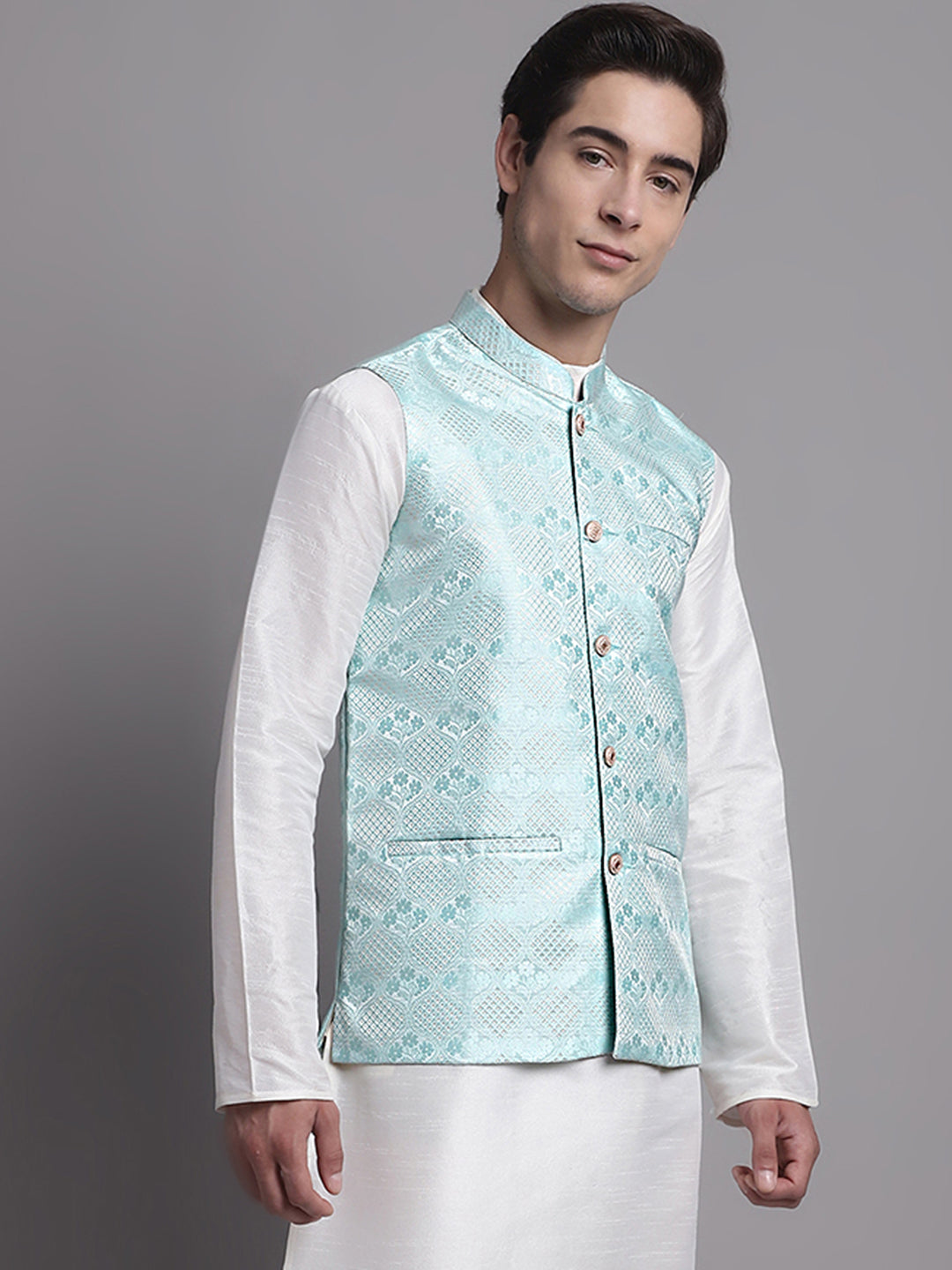 Jompers Men's Turquoise Blue Woven Design Nehru Jacket - Distacart