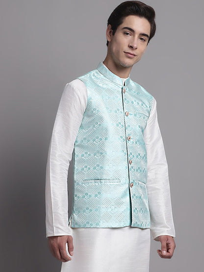 Jompers Men's Turquoise Blue Woven Design Nehru Jacket - Distacart