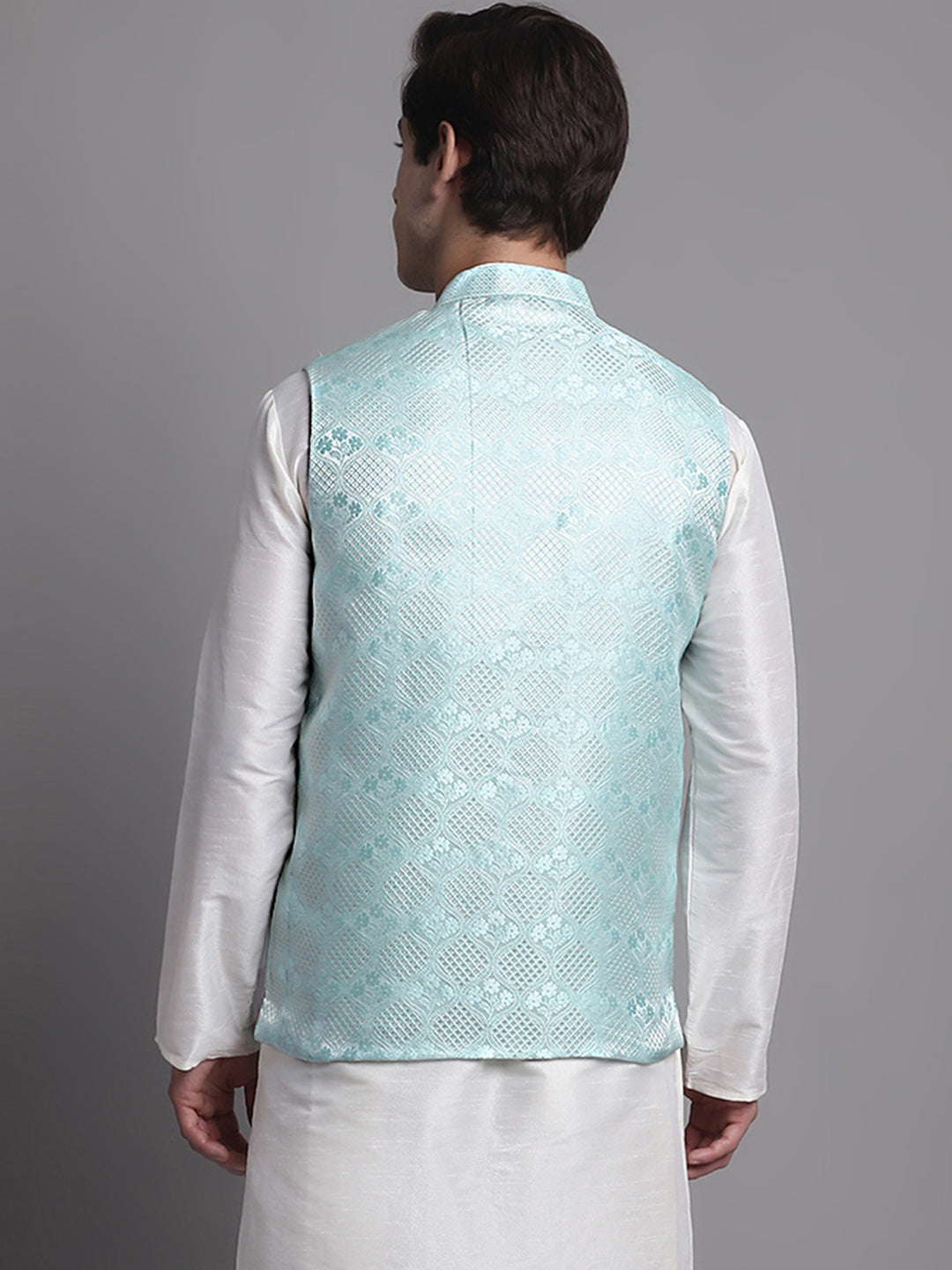 Jompers Men's Turquoise Blue Woven Design Nehru Jacket - Distacart