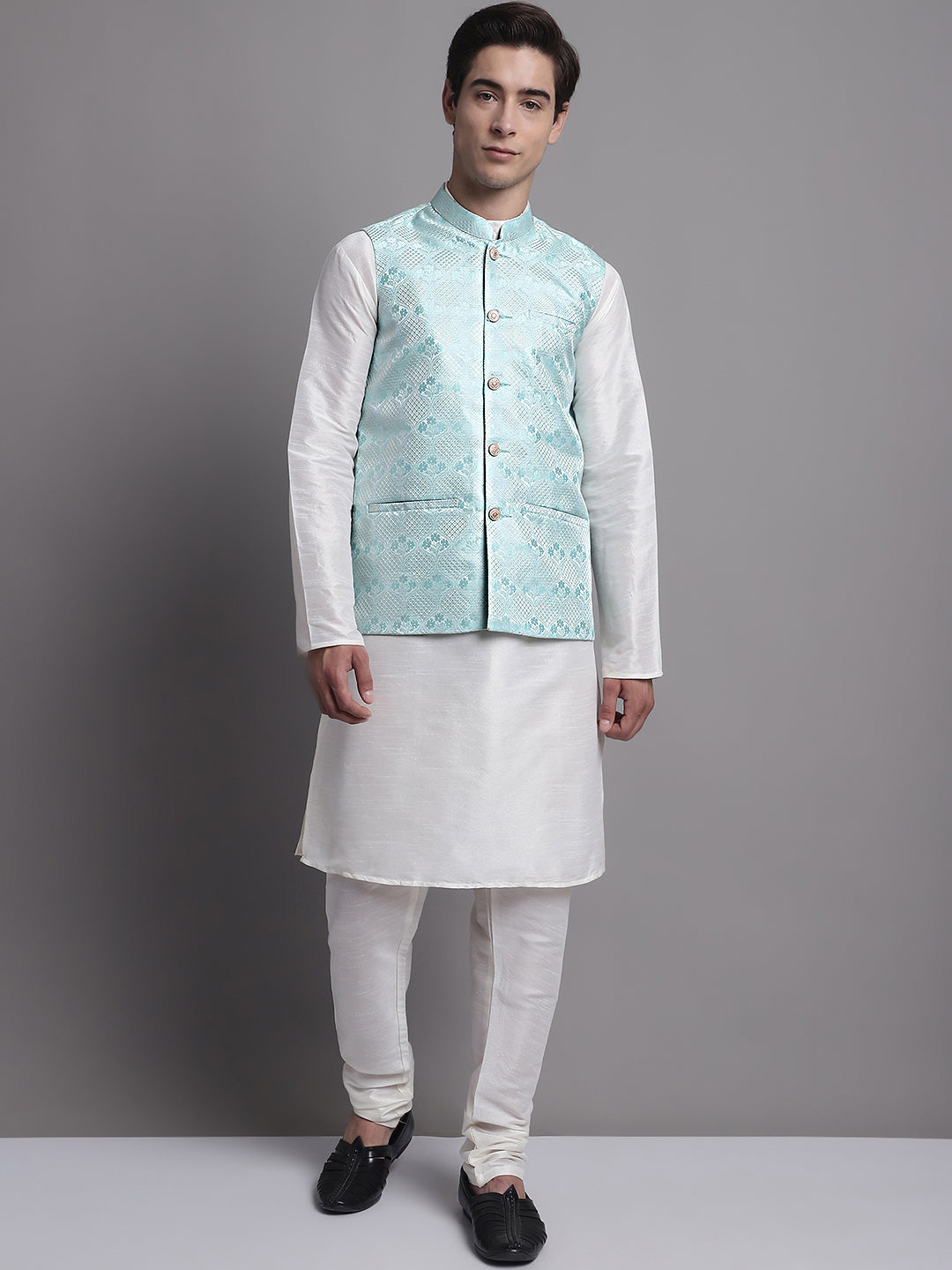 Jompers Men's Turquoise Blue Woven Design Nehru Jacket - Distacart