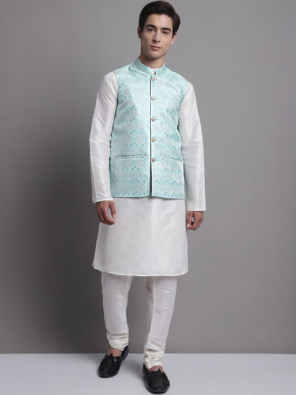 Jompers Men's Turquoise Blue Woven Design Nehru Jacket - Distacart