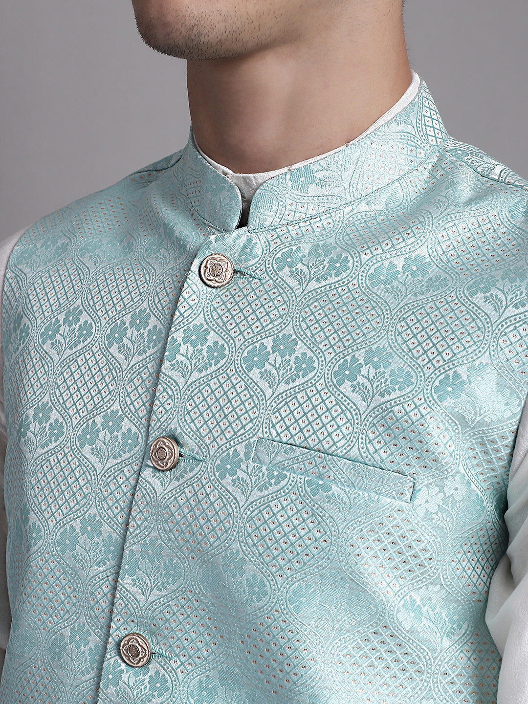 Jompers Men's Turquoise Blue Woven Design Nehru Jacket - Distacart