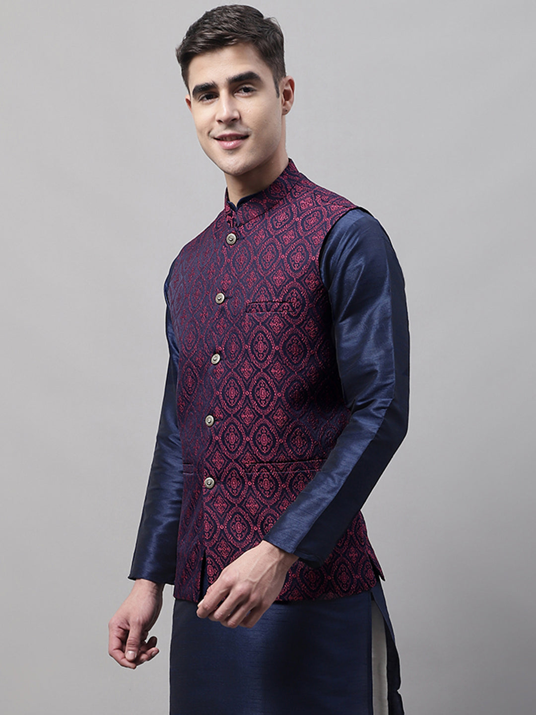 Jompers Men's Navy Blue and Maroon Woven Design Waistcoats - Distacart