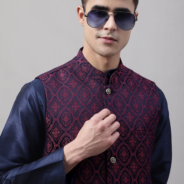 Jompers Men's Navy Blue and Maroon Woven Design Waistcoats - Distacart