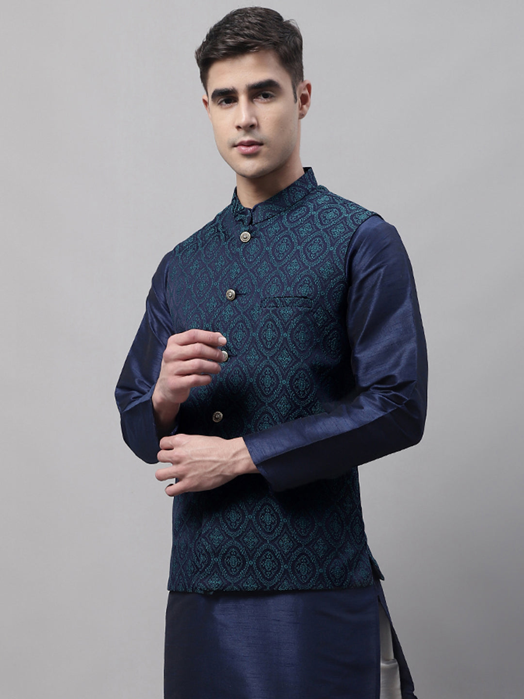 Jompers Men's Navy Blue and Green Woven Design Waistcoats - Distacart