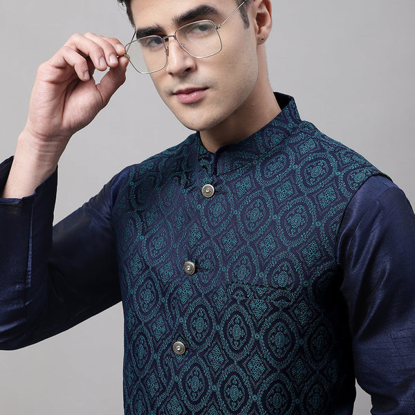 Jompers Men's Navy Blue and Green Woven Design Waistcoats - Distacart