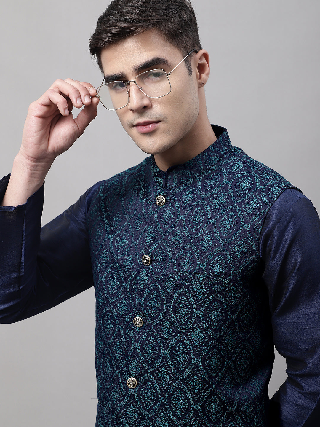 Jompers Men's Navy Blue and Green Woven Design Waistcoats - Distacart